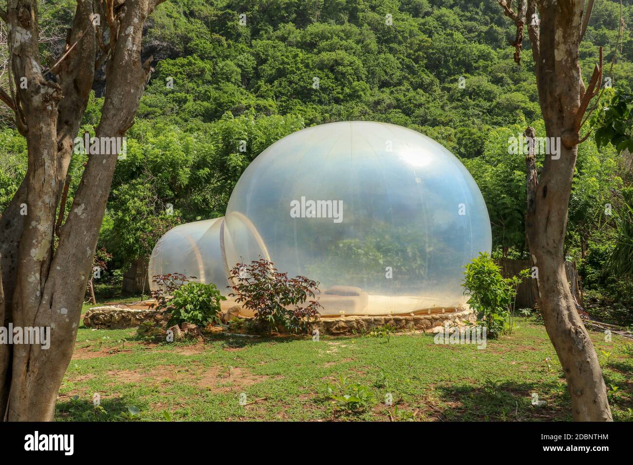 Romantic bubble house with transparent walls. Abstract sci-fi inflatable bubble. Atypical accommodation in exotic tourist destination. Tourist attract Stock Photo