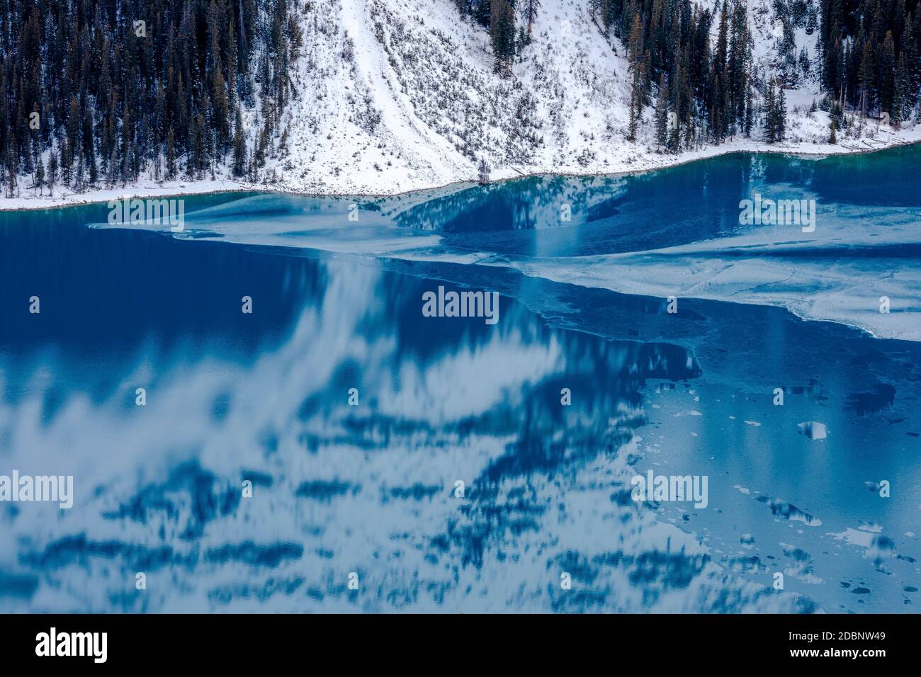 Ice starts to form on the glacier blue waters of Peyto Lake in Banff