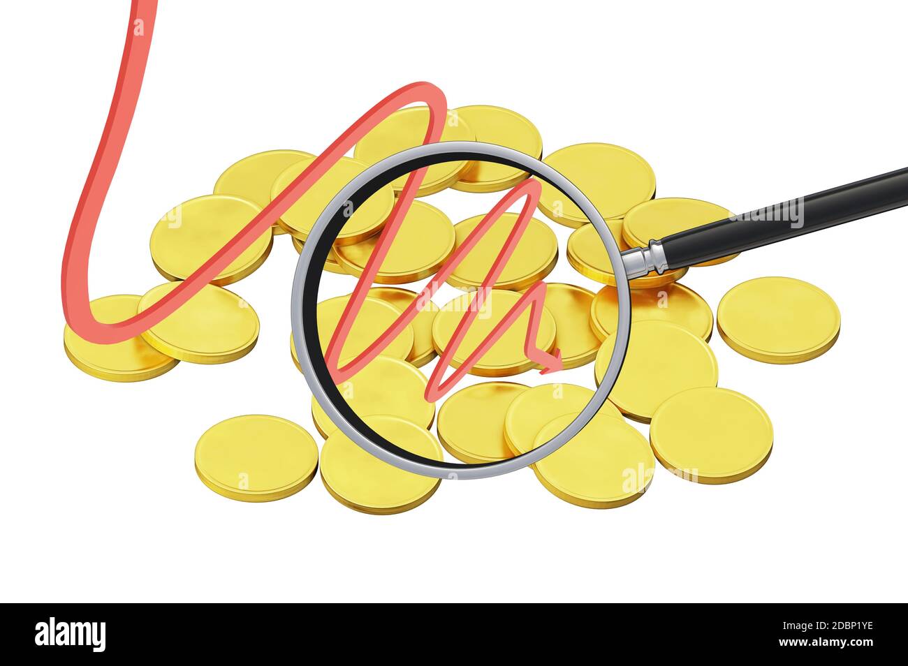 gold coins are scattered on a plane, curved red arrow and magnifier