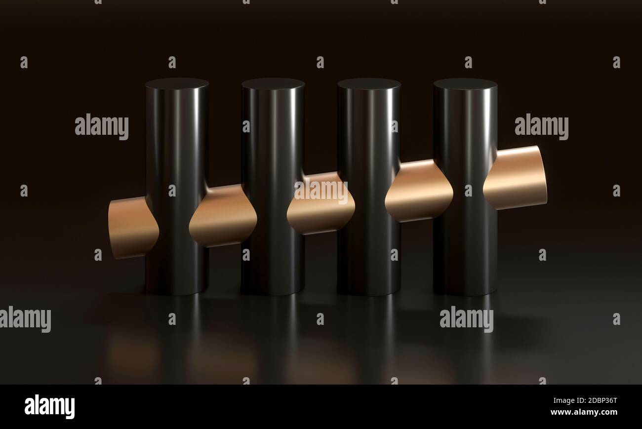 black and gold cylinders, minimal abstract geometric background. 3d