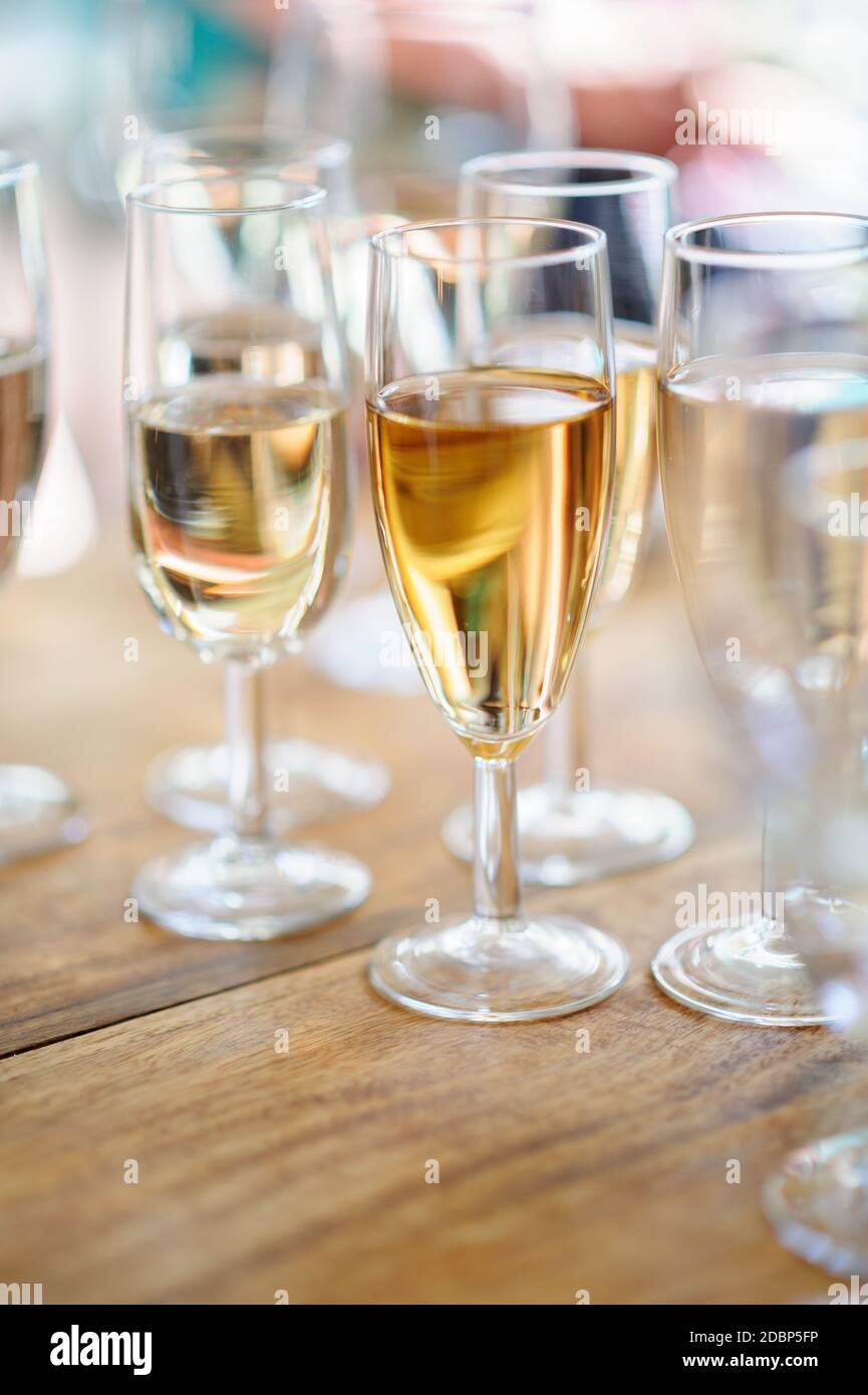 Holiday champagne and festive feeling, blurry bokeh background. Stock Photo
