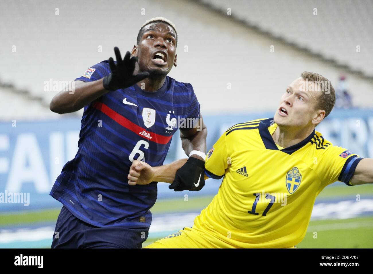 Paul Pogba (FRA) battled for the ball against Viktor Claesson (SWE) during the UEFA Nations League football match between France and Sweden on November 17, 2020 at Stade de France in Saint-Denis, France - Photo Stephane Allaman / DPPI / LM Stock Photo
