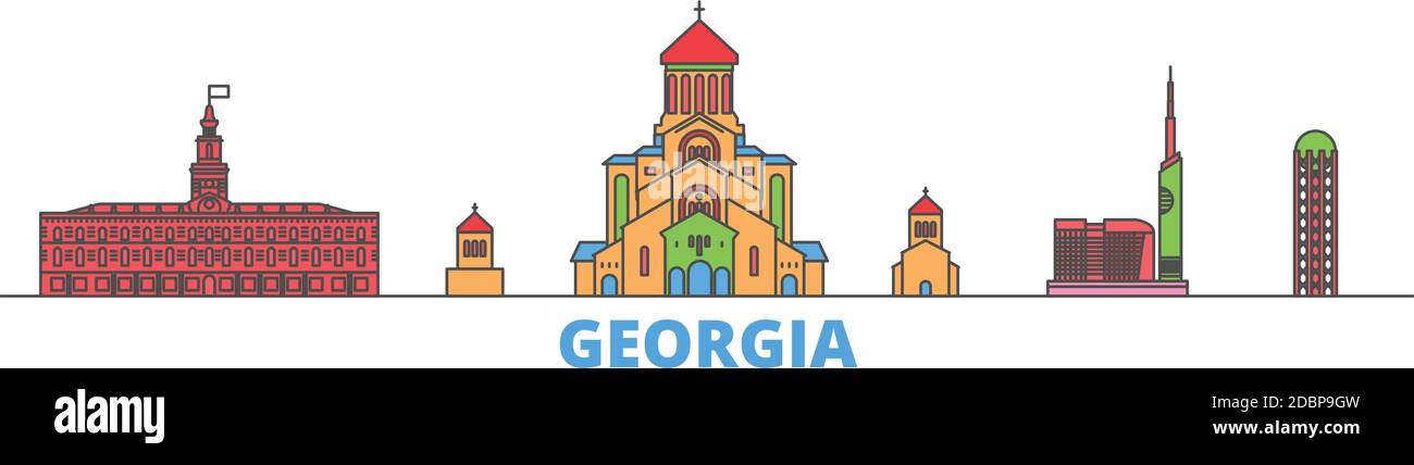 Georgia line cityscape, flat vector. Travel city landmark, oultine illustration, line world icons Stock Vector