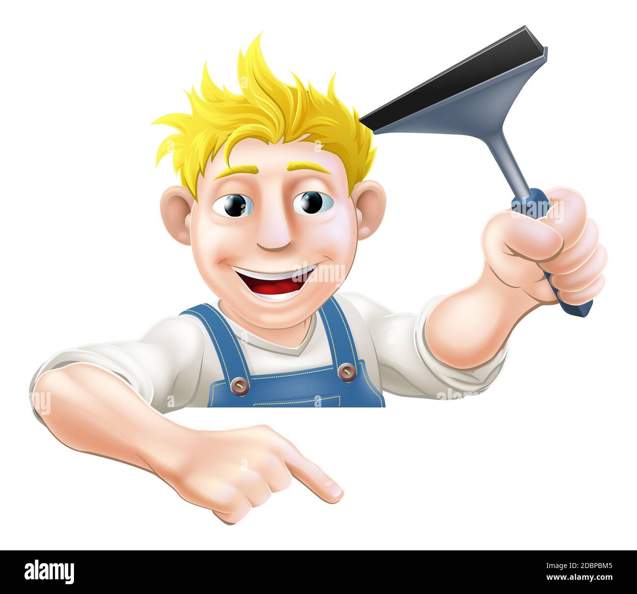 An illustration of a window cleaner holding a squeegee and pointing down at a sign or your message Stock Photo