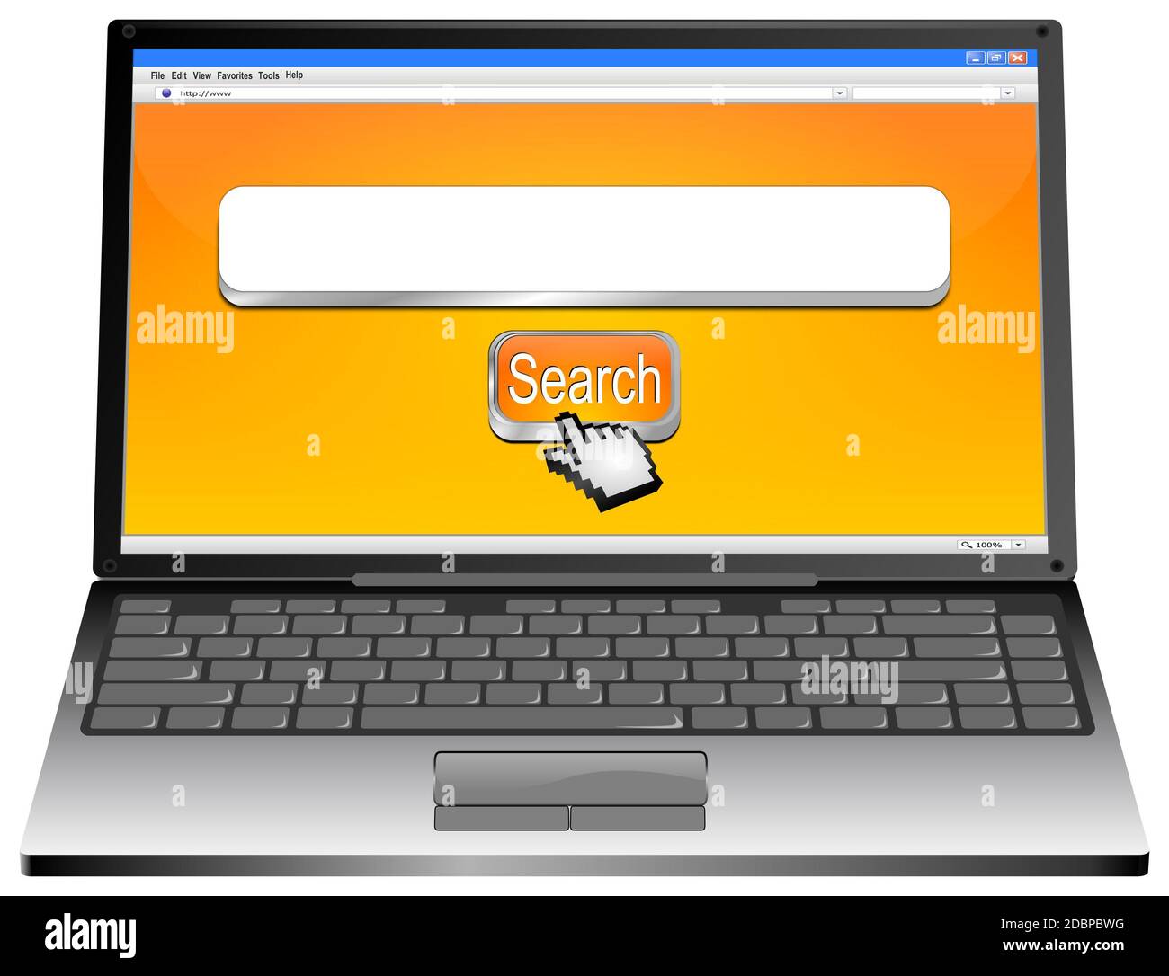 Laptop with orange internet web search engine and cursor - 3D illustration Stock Photo