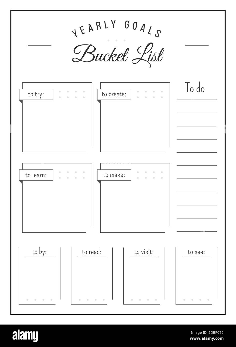 Yearly goals minimalist planner page design. Memo boxes to make checklist. Categories of notes. Bucket list bullet journal printable sheet. Personal o Stock Photo