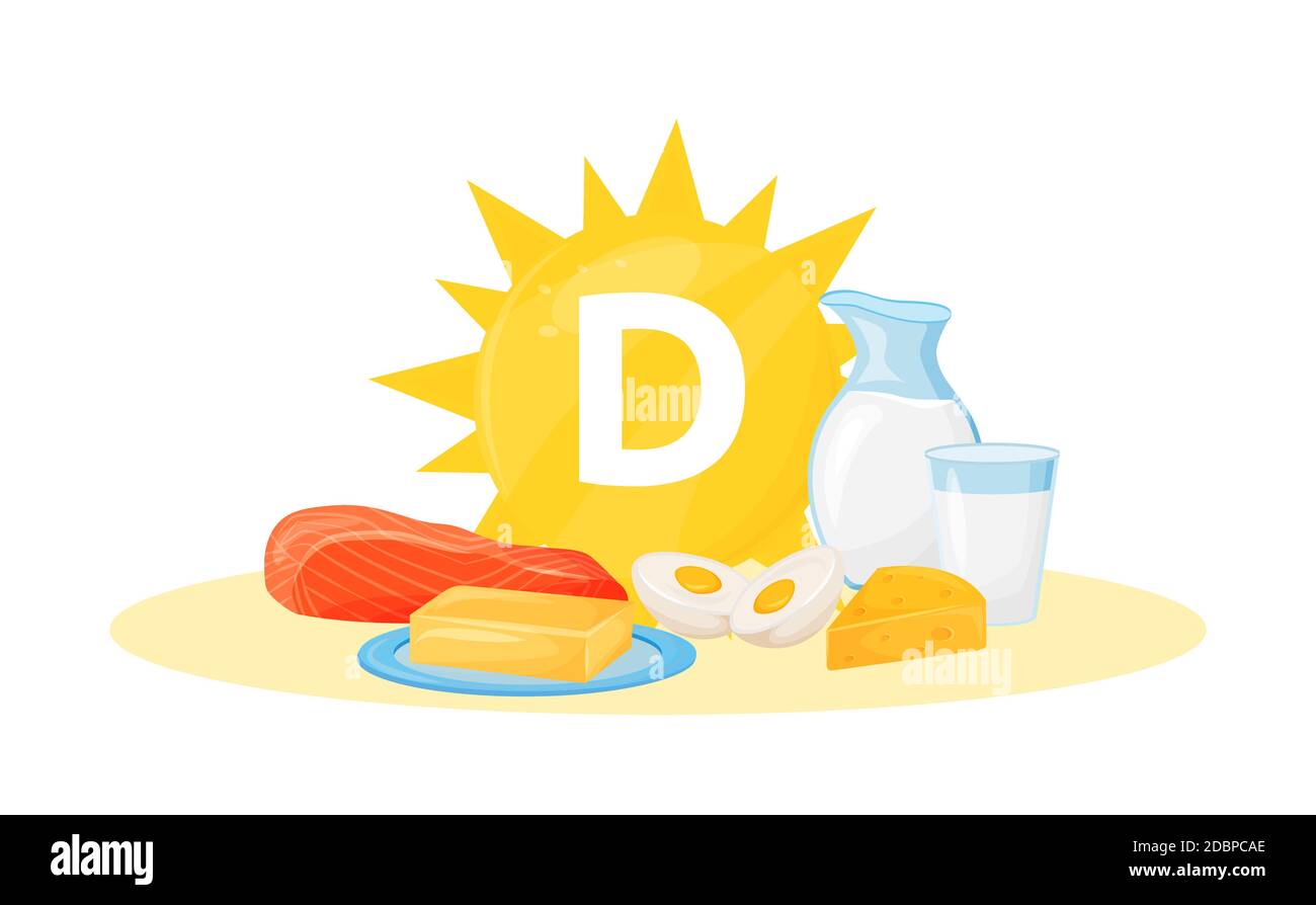 Vitamin D food sources cartoon vector illustration. Natural diet for bone health flat color object. Raw fish, eggs and dairy products. Good nutrition Stock Photo