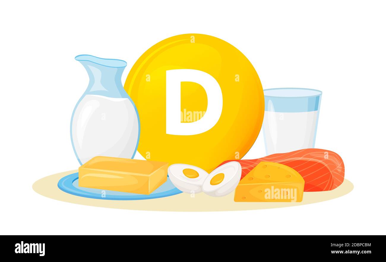 Vitamin D food sources cartoon vector illustration. Butter, cheese animal products. Eggs, milk, fish healthy diet flat color object. Wholesome nutriti Stock Photo