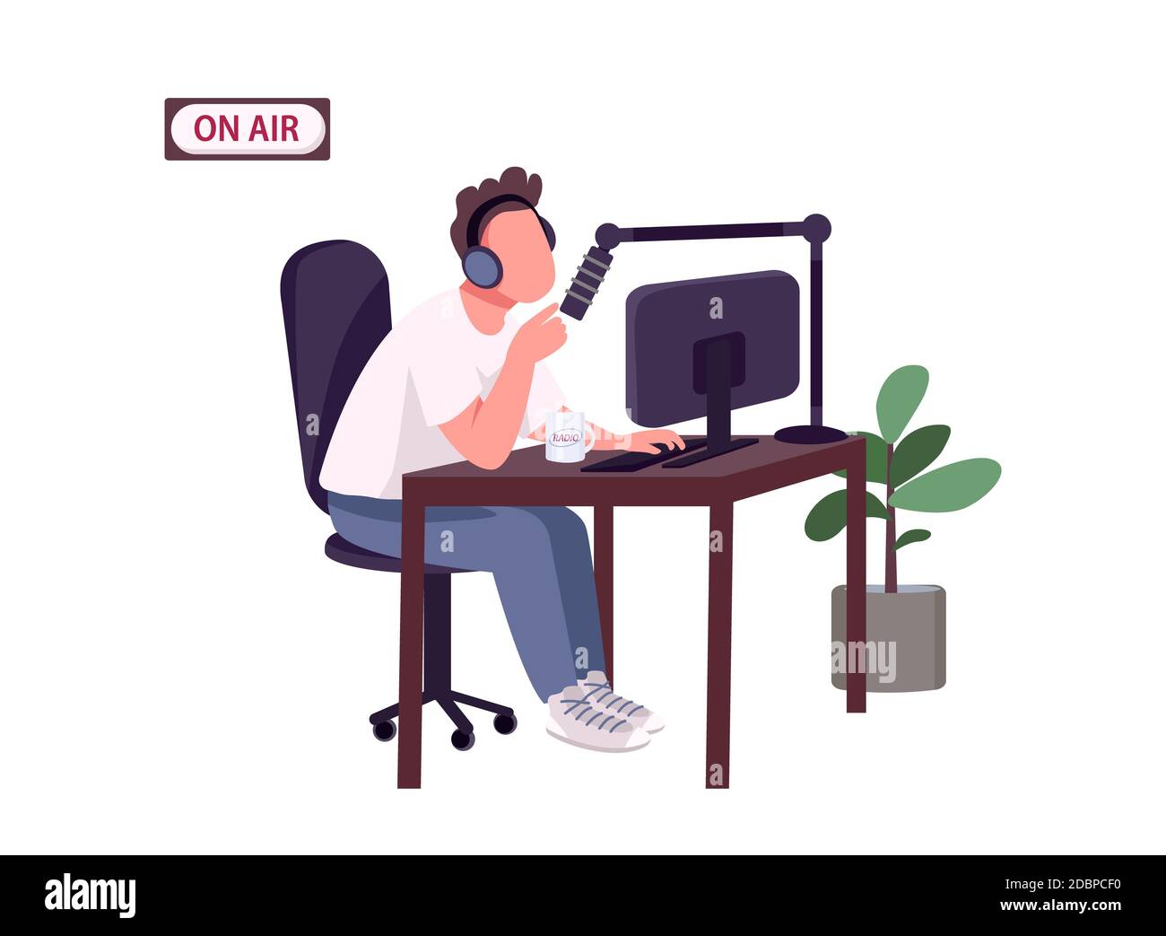 Online podcast host flat color vector faceless character. Caucasian guy  with headphones and microphone isolated cartoon illustration for web  graphic d Stock Photo - Alamy