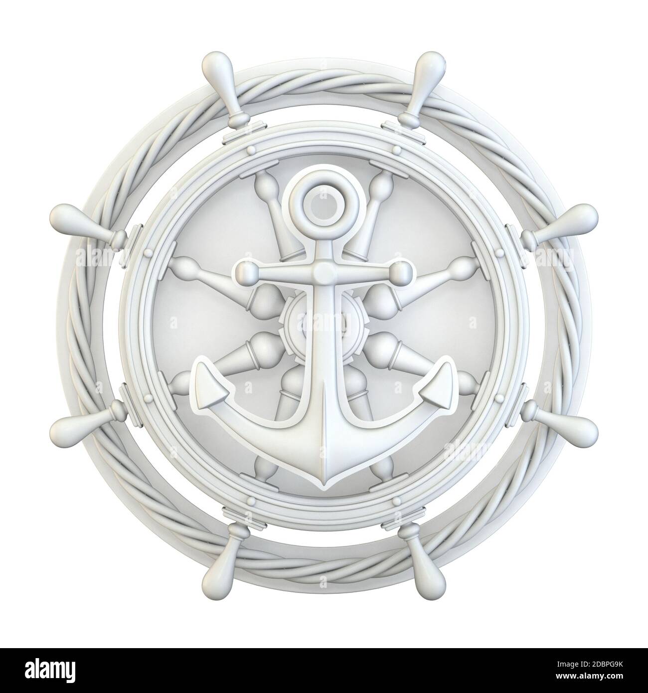 White anchor, ship wheel and rope 3D render illustration isolated on ...