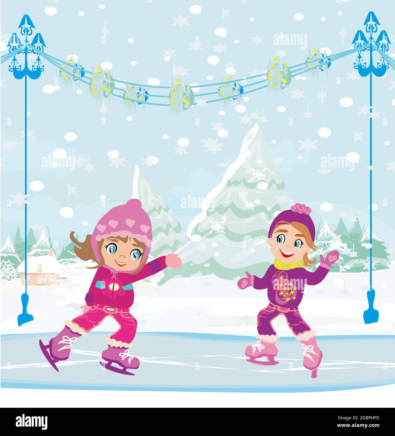 Little girls skating on ice rink Stock Photo Alamy