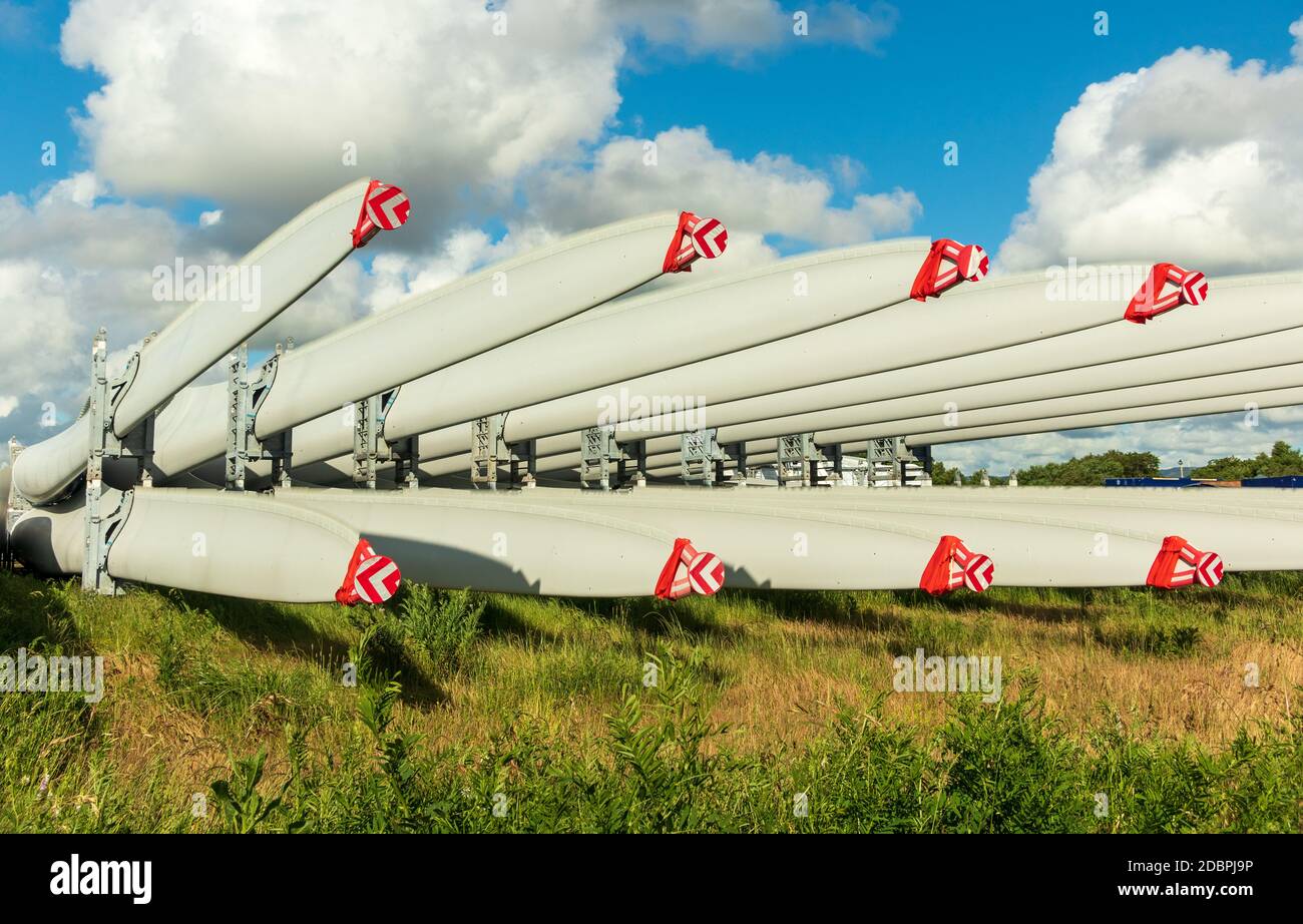 Rack of new large wind turbine blades Stock Photo - Alamy