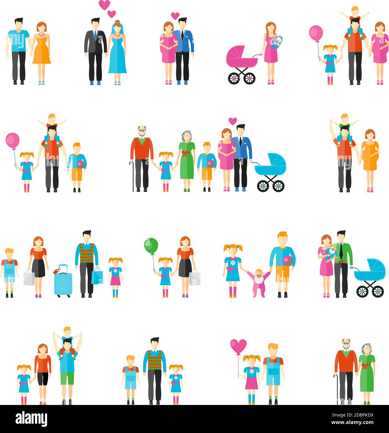 Family flat style icons. Daughter and grandfather, baby and father, son ...