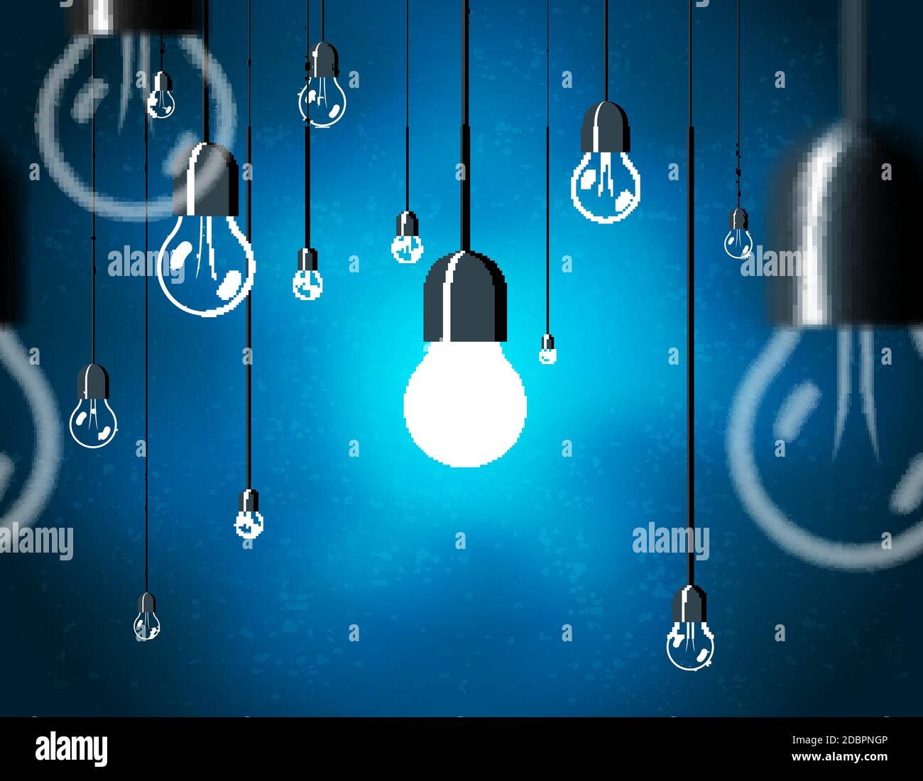 Light bulbs on blue background, horizontally seamless pattern, energy bulb hanging on cord, vector illustration Stock Vector