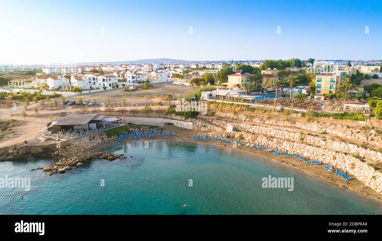 Aerial bird's eye view of Kapparis (fireman's) beach in Protaras