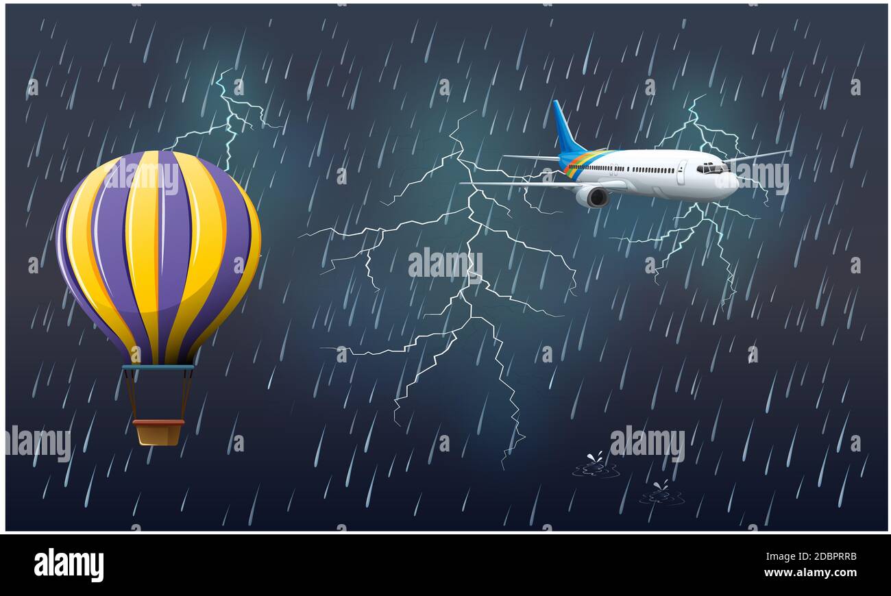 hot air balloon and airplane flying thunderstorm background Stock Photo