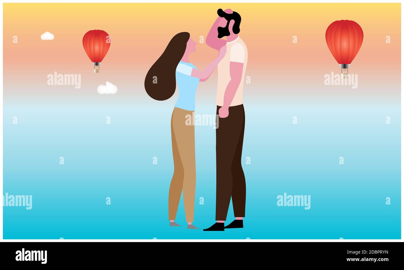 couple loving each other in flying hot air balloon view Stock Photo - Alamy