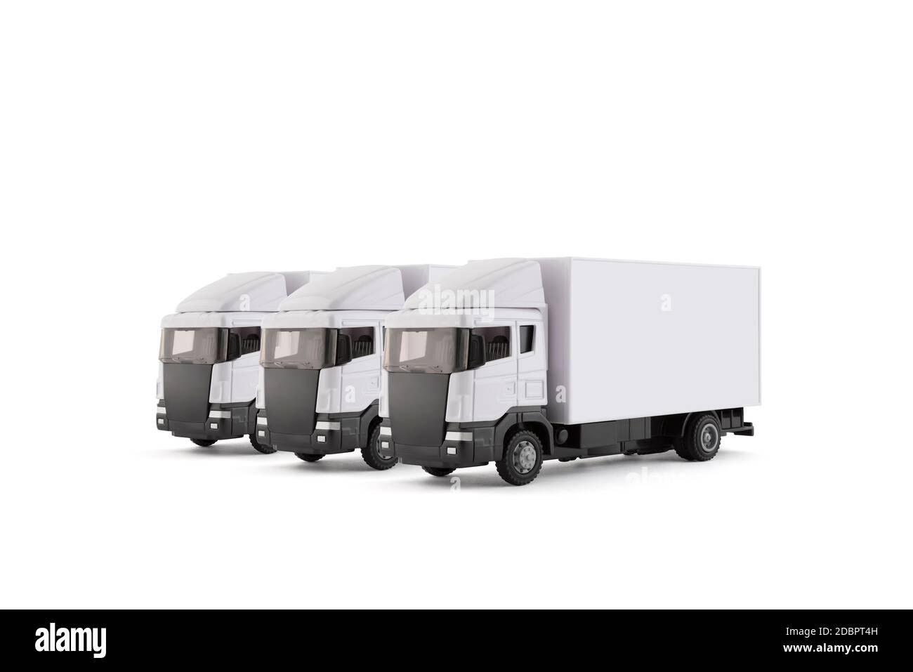 Group of three white cargo delivery trucks isolated on white background Stock Photo