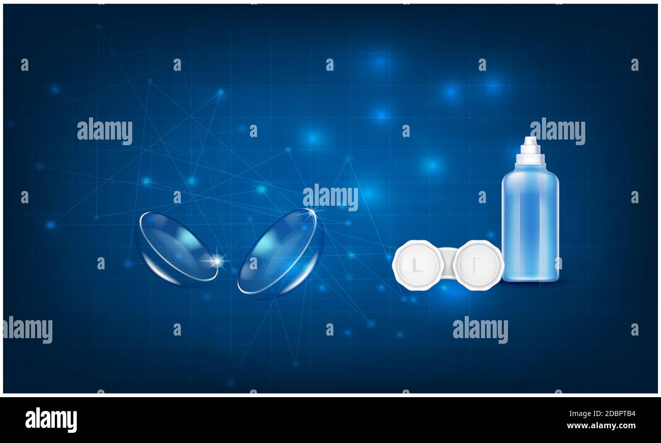 mock up illustration of contact lens case and solution bottle on water