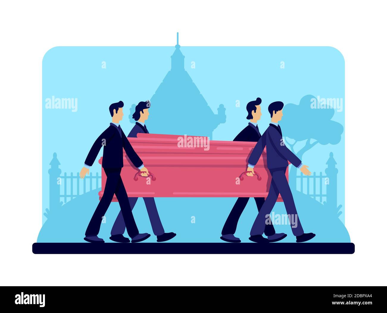 Coffin bearers flat color vector illustration. Funeral procession