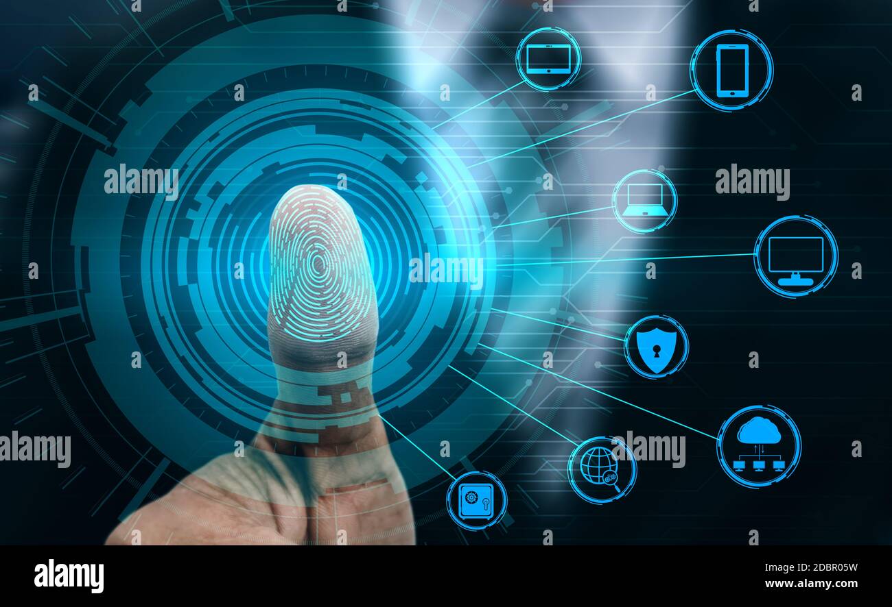 Fingerprint Biometric Digital Scan Technology. Graphic interface showing  man finger with print scanning identification. Concept of digital security  Stock Photo - Alamy