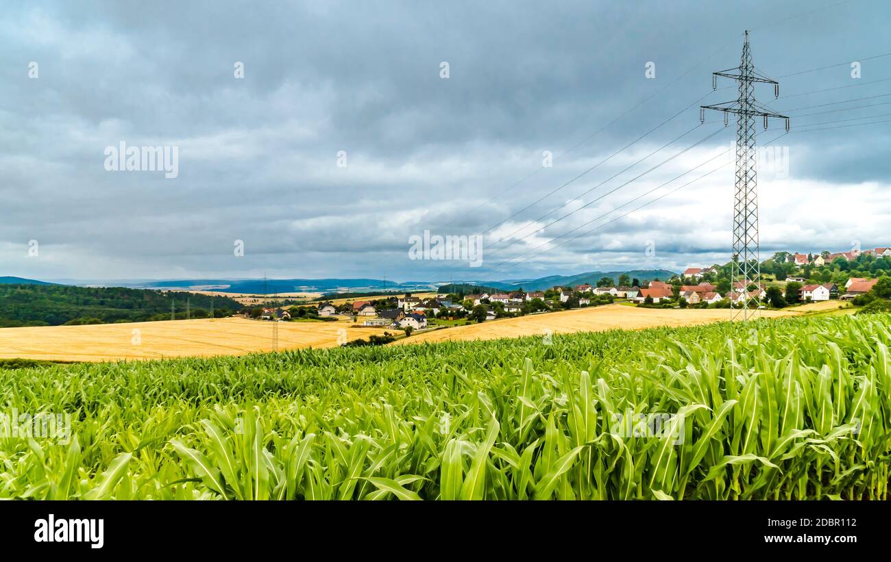 Electrical high voltage pylon in landscape in North Hesse Waldecker ...