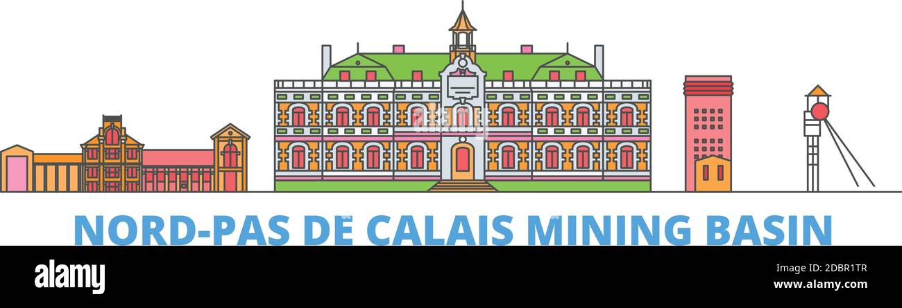 France, Nord Pas De Calais Mining Basin line cityscape, flat vector. Travel city landmark, oultine illustration, line world icons Stock Vector
