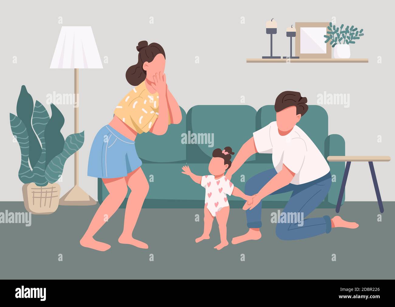 Family happy moments flat color vector illustration. Childcare and  parenthood. Baby learning to walk. Young mother, father and child 2D cartoon  charac Stock Photo - Alamy