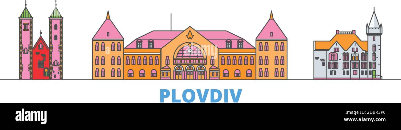 Bulgaria, Plovdiv line cityscape, flat vector. Travel city landmark, oultine illustration, line world icons Stock Vector