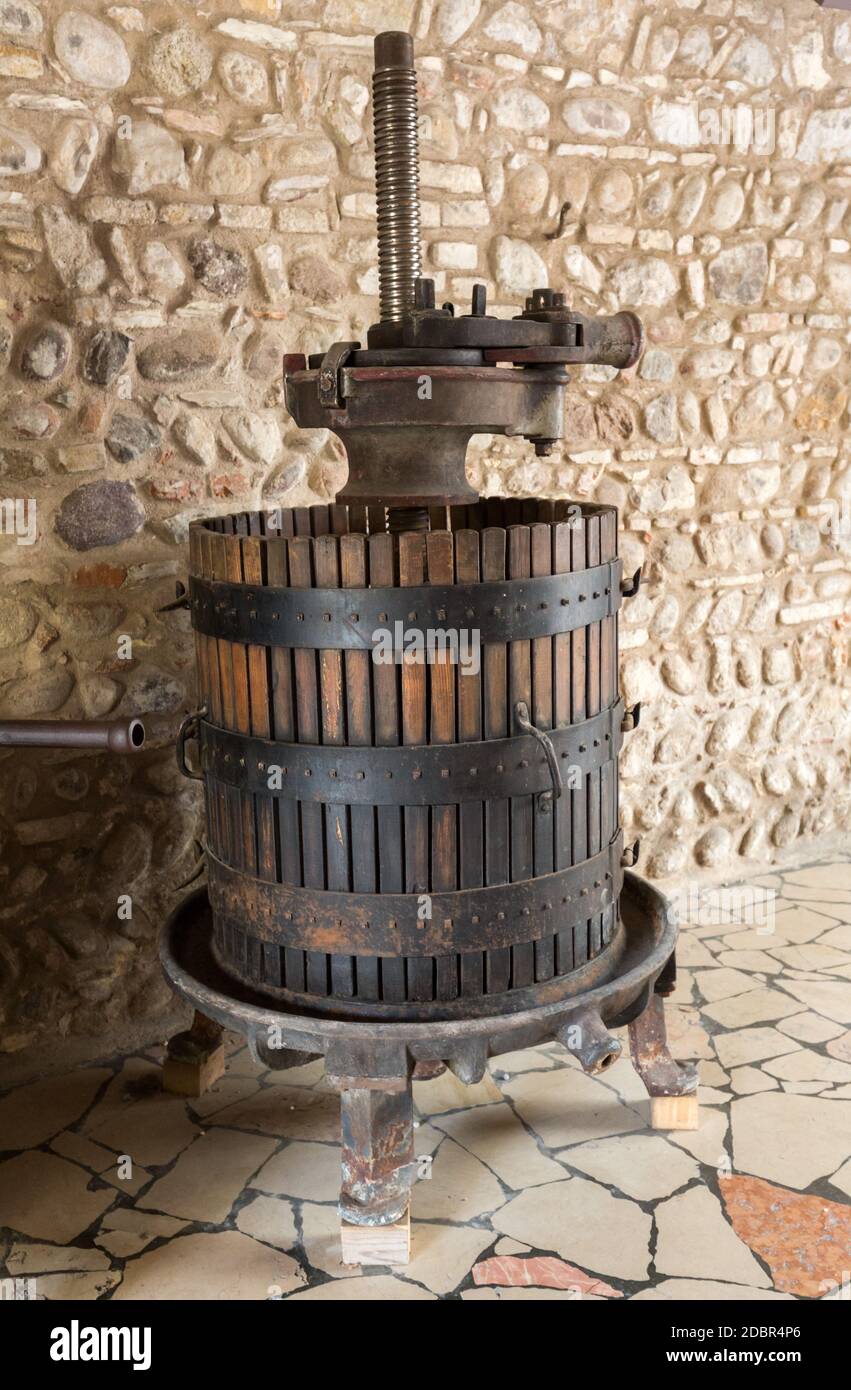 Old Wine Press. Traditional old Technique of Wine Making Stock Photo