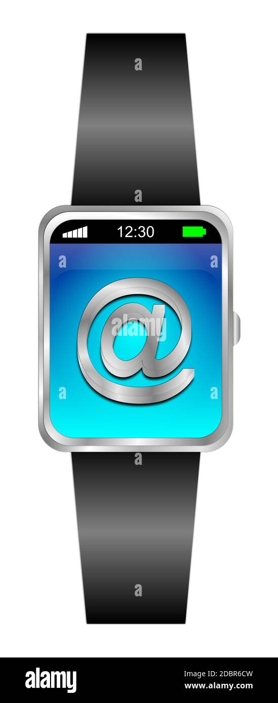 Smartwatch with E-Mail Button on blue display - 3D illustration Stock Photo