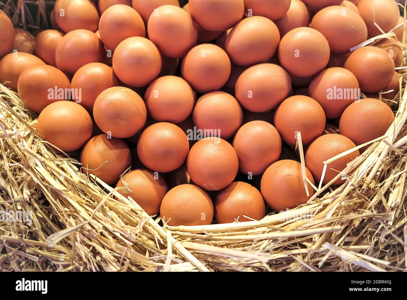 Wonderful arrangement of fresh brown chicken eggs in basket Stock Photo