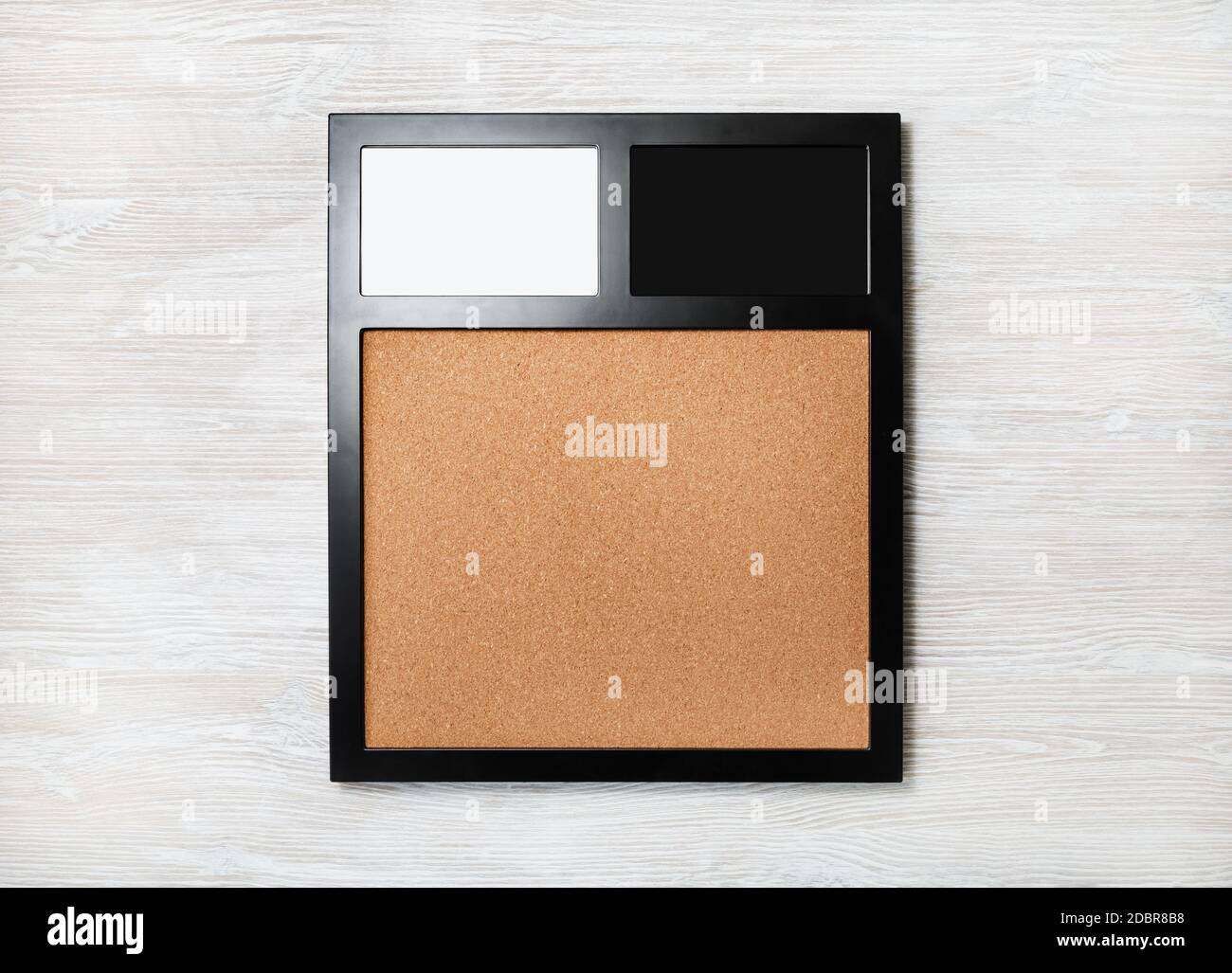 Photo frame on light wood table background. Responsive design template. Flat lay. Stock Photo