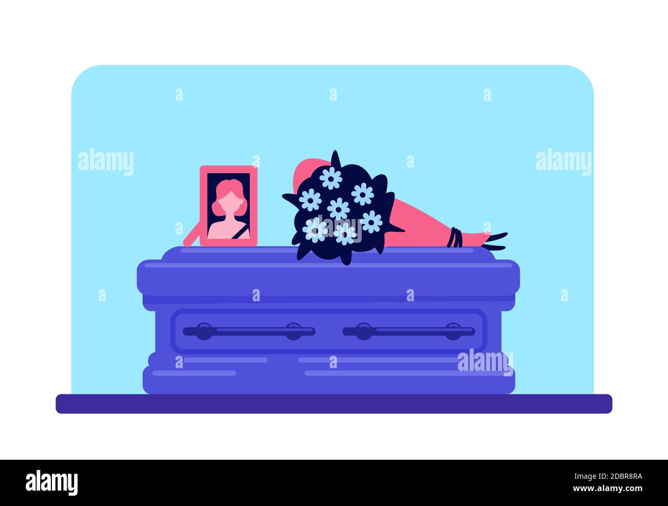 Dead girl coffin and photo flat color vector illustration. Funeral