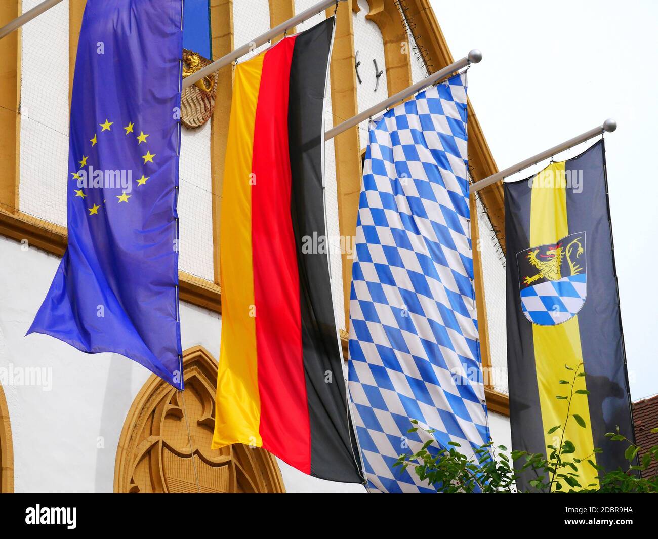 Amberg Bavaria Town Hall Flags Flags Flag Upper Palatinate East Bavaria Historic Old Town Historical Palatine Lion Coat of Arms Heraldic Display Place Marketplace Germany Europe Stock Photo