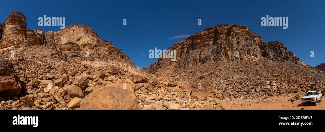 Panorama of Lawrence Spring, Wadi Rum, Jordan Stock Photo