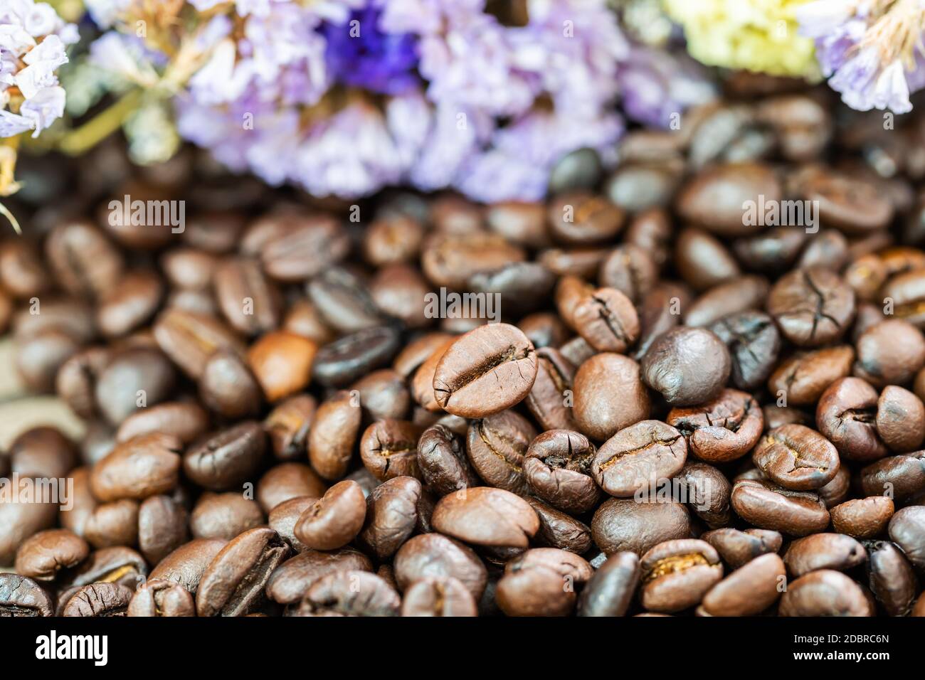 Close up roasted coffee beans heap with flower background Stock Photo ...