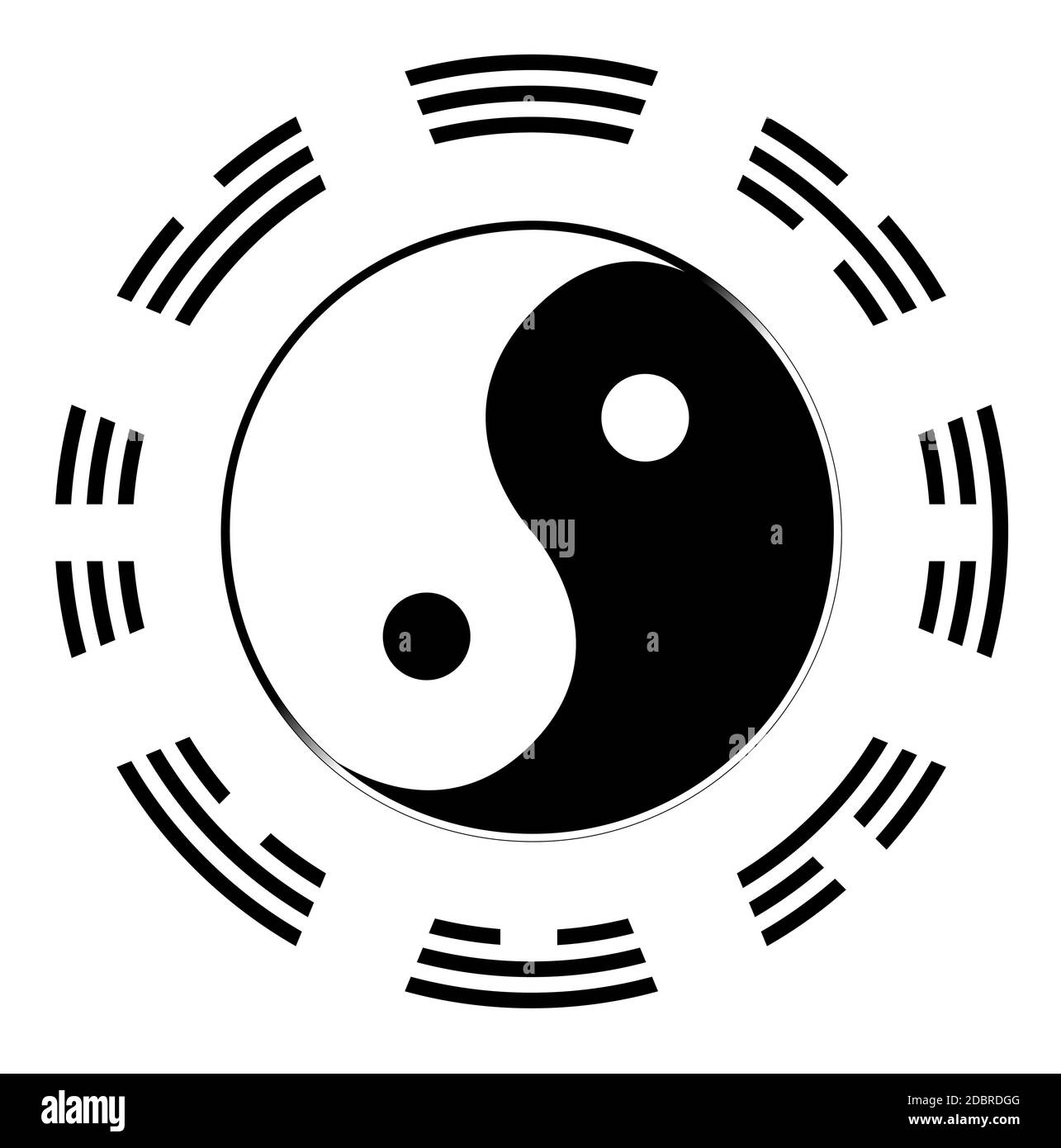 Yin and Yang in black and white with the symbols of the I CHing around the outside Stock Photo