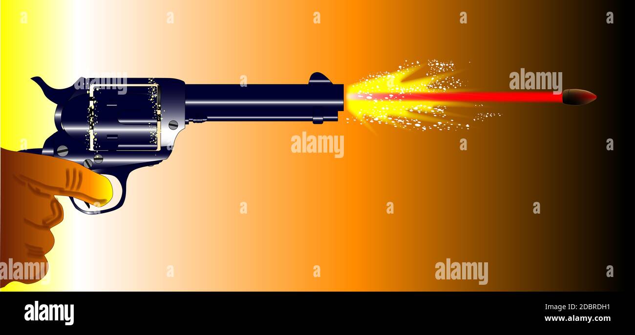 A revolver pistol firing with muzzle flash and speeding bullet. Stock Photo