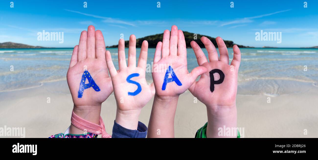 Children Hands Building Colorful English Word Asap Ocean And Beach As Background Stock Photo Alamy