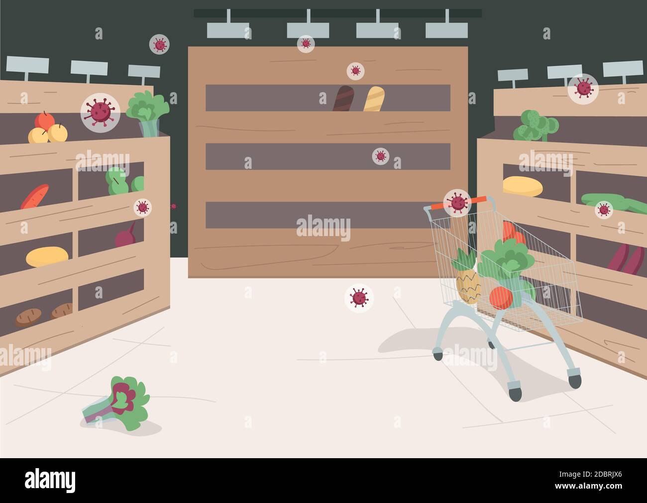 Empty supermarket flat color vector illustration. Grocery store on  quarantine 2D cartoon landscape with empty shelves on background.  Coronavirus pande Stock Photo - Alamy