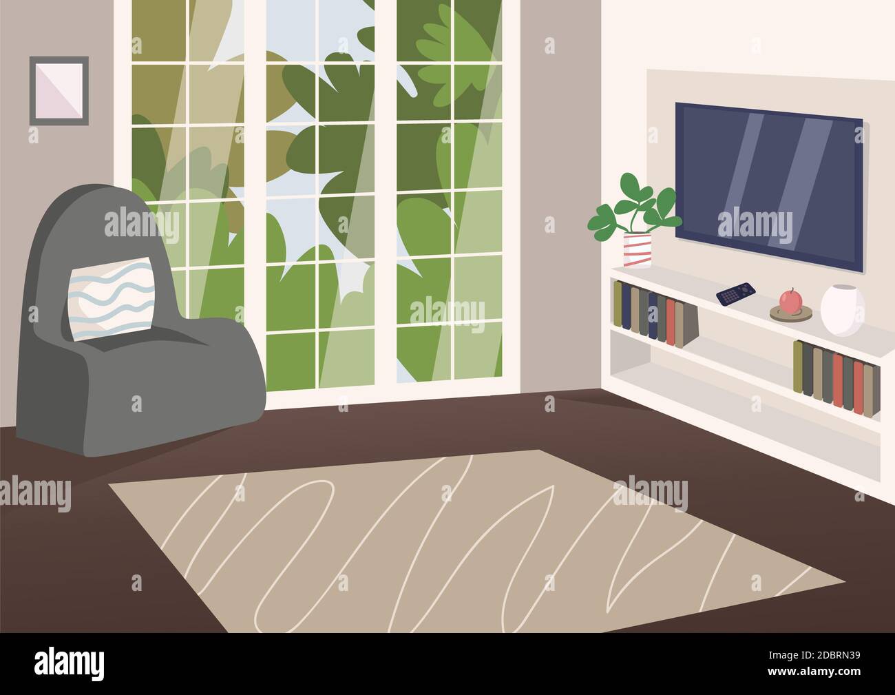 Spacious living room flat color vector illustration. Modern apartment 2D  cartoon interior with plasma TV on background. House room with no people.  Com Stock Photo - Alamy