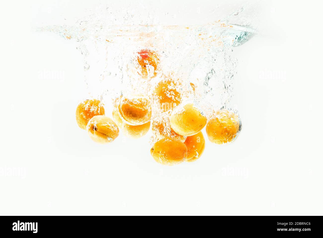 Apricots are falling in the clear water with splash. Bunch of fruits
