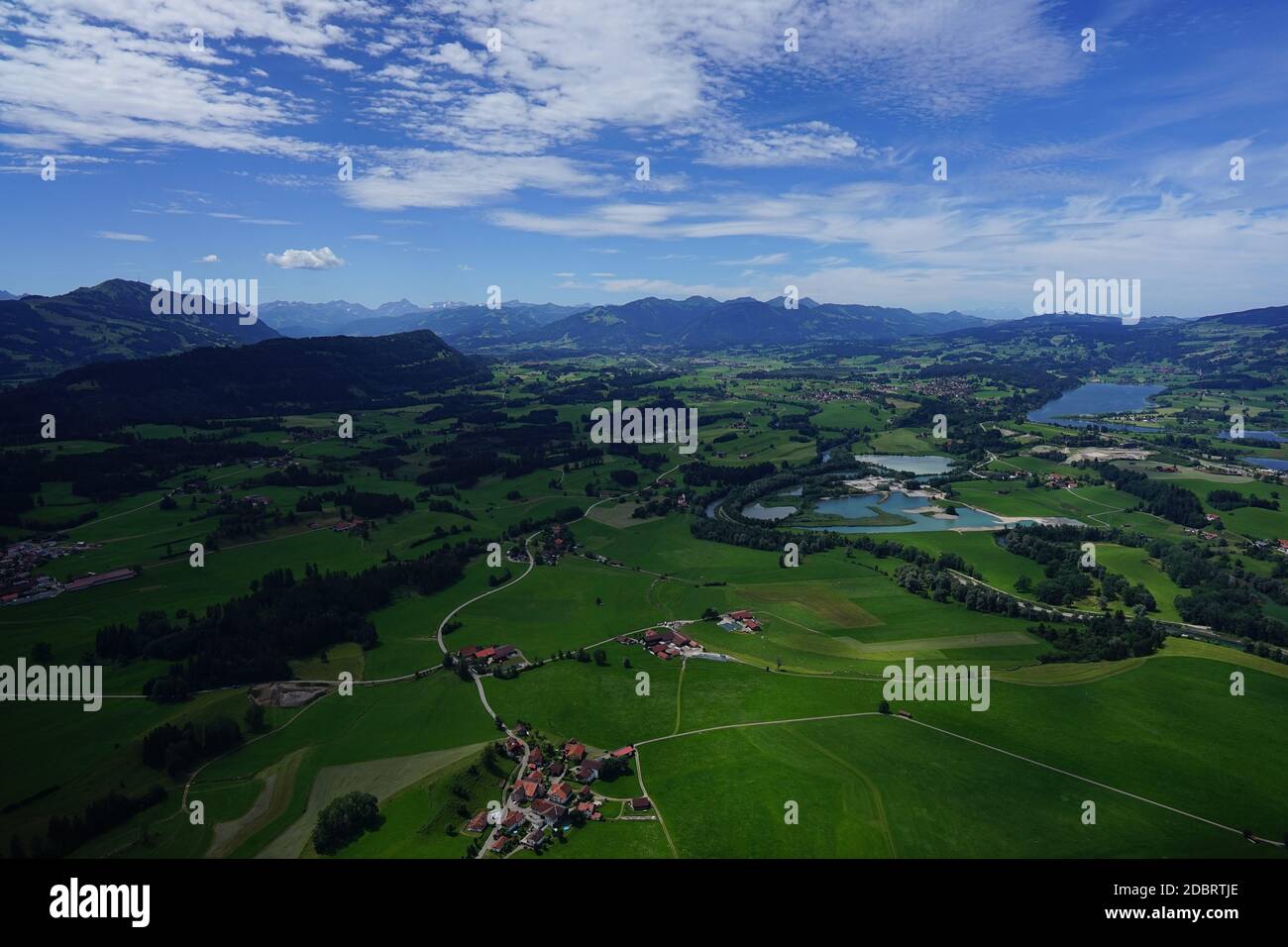 Aerial view of landscape in AllgÃ¤u with mountains from Germany and ...