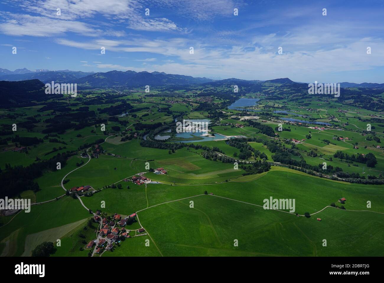 Aerial view of landscape in AllgÃ¤u with mountains from Germany and ...