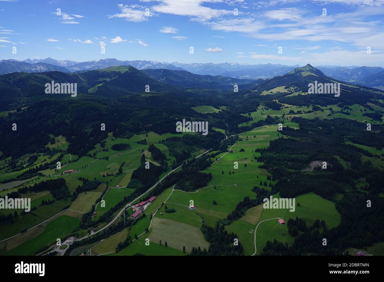 Aerial view of hilly landscape in the AllgÃ¤u. Stock Photo