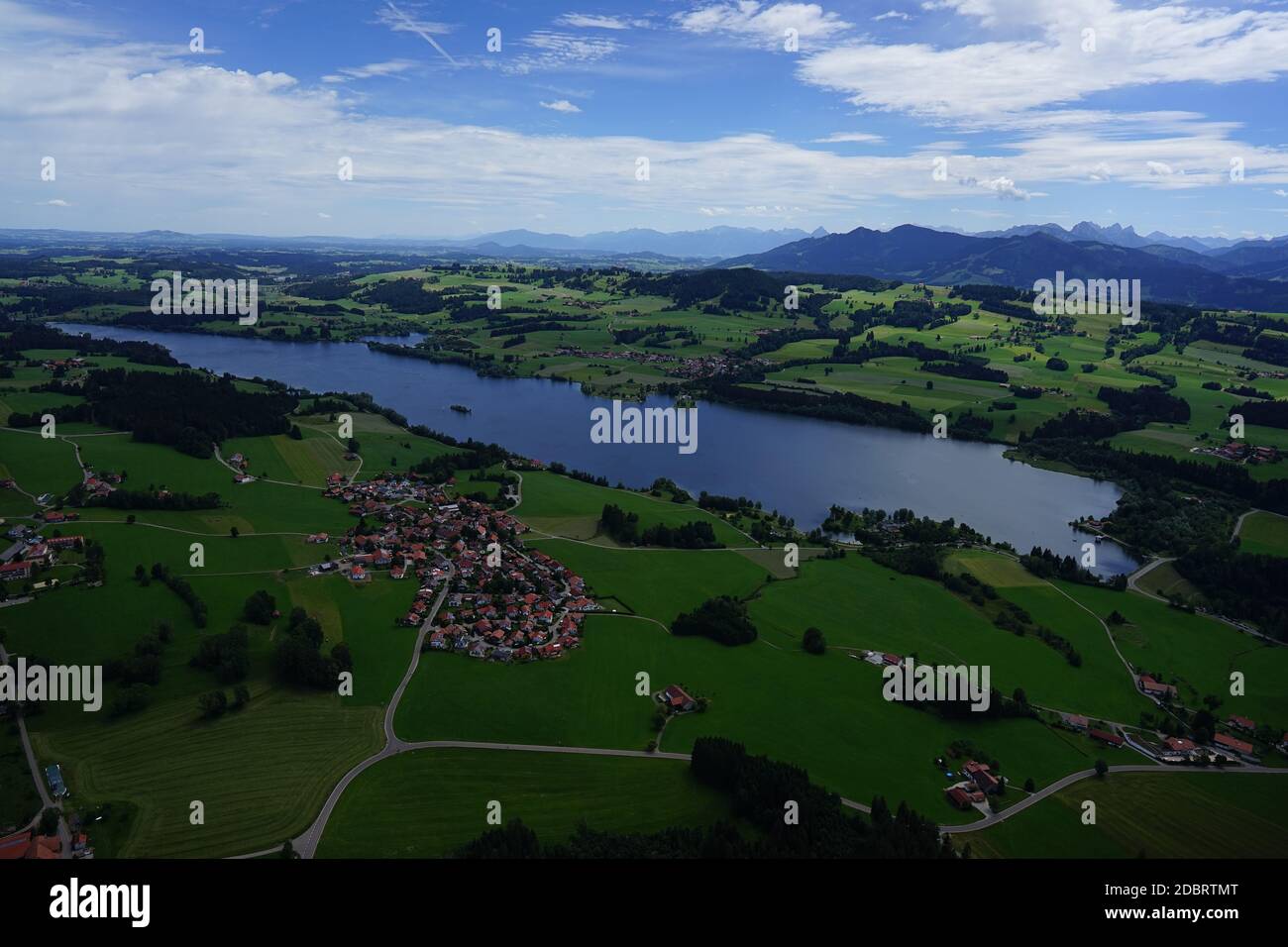 Aerial view of landscape in AllgÃ¤u with mountains from Germany and ...