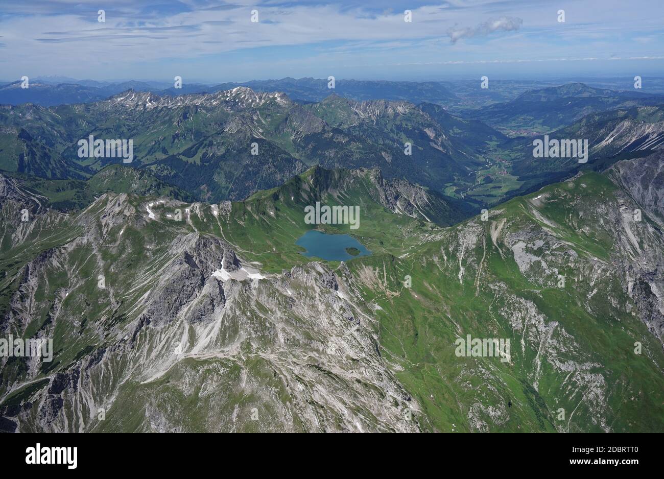 Aerial view of German mountain lake with the adjacent mountains from Austria Stock Photo