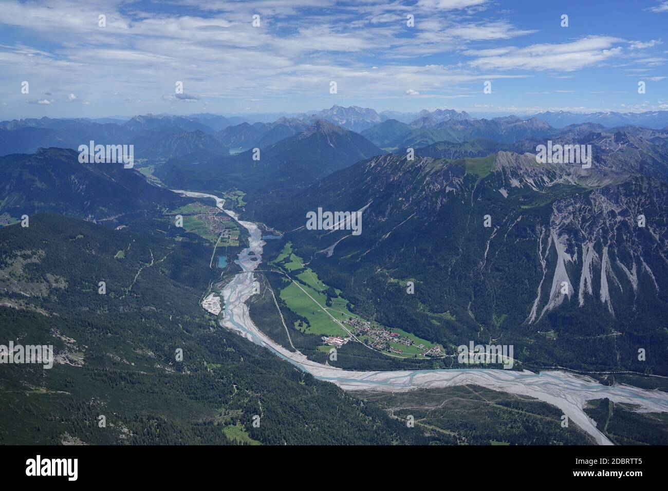 Aerial view of the Lech Valley with the mountains in Tyrol / Austria. Stock Photo
