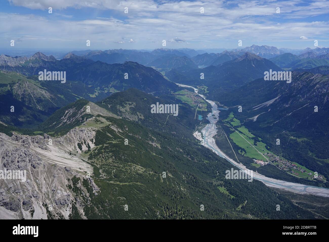 Aerial view of the Lech Valley with the mountains in Tyrol / Austria. Stock Photo